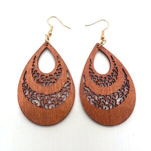 Earrings Wood Hollow Cut Bohemian Large Dangle Boho Carved Hippie Trendy Stylish